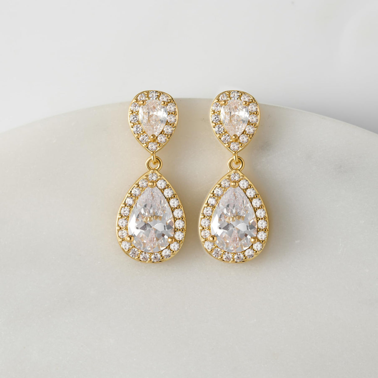 SWEETV Cubic Zirconia Teardrop Bridal Earrings, Rhinestone Dangle Earrings for Wedding Prom Anniversary (Gold)