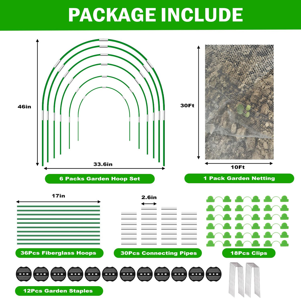 Garden Mesh Netting Kit, 10x30FT Green Ultra Fine Netting & 6 Sets 8FT Fiberglass Garden Hoops with Stake, Garden Netting with Frame for Raised Beds, Garden Hoops and Netting, Row Cover, Plant Barrier