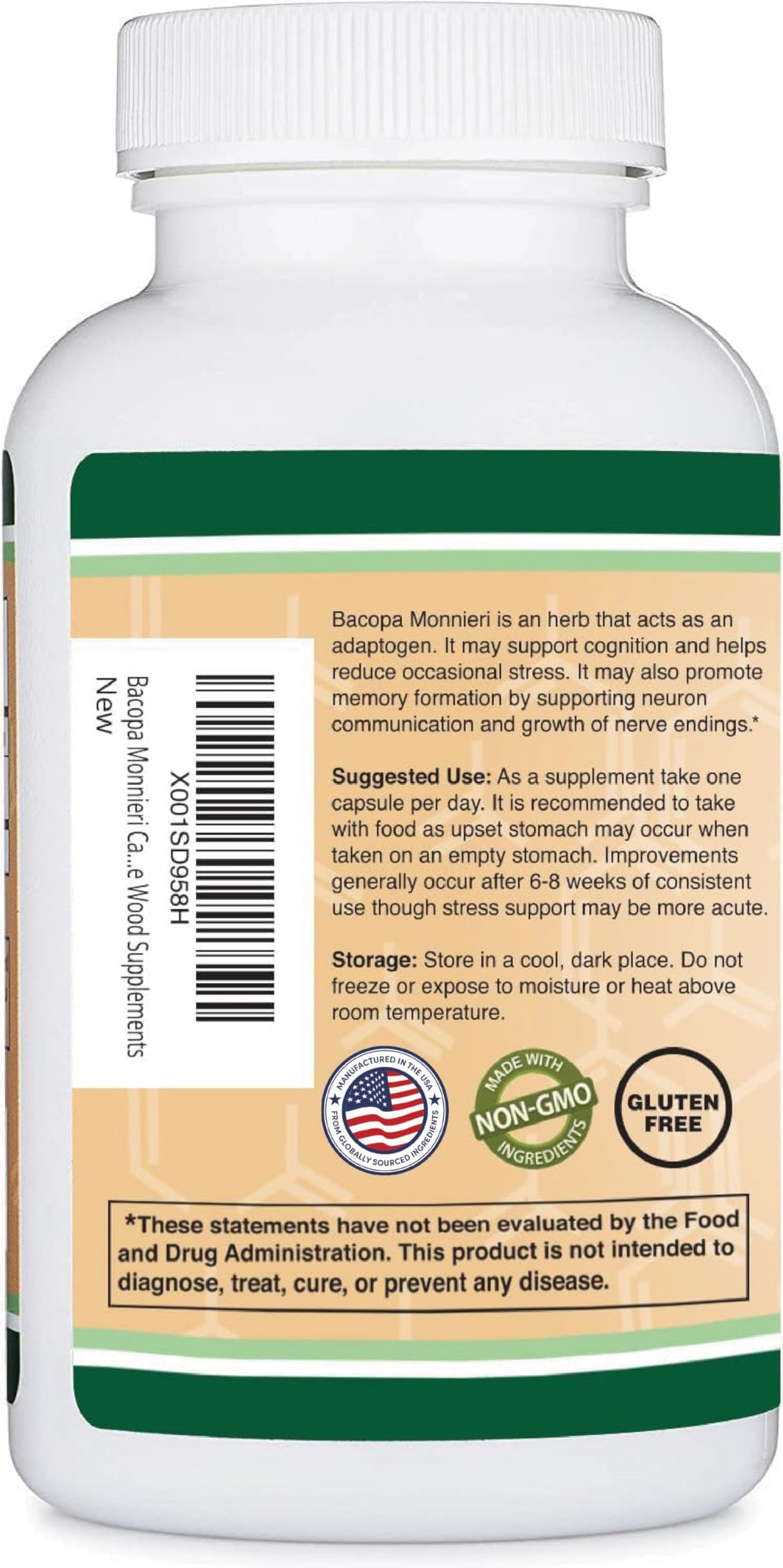 Bacopa Monnieri Capsules 20% Bacosides 450mg, 90 Count (Non-GMO, Gluten Free) Brahmi Extract (Memory Supplement for Brain Health, Focus, and Cognitive Function) by Double Wood