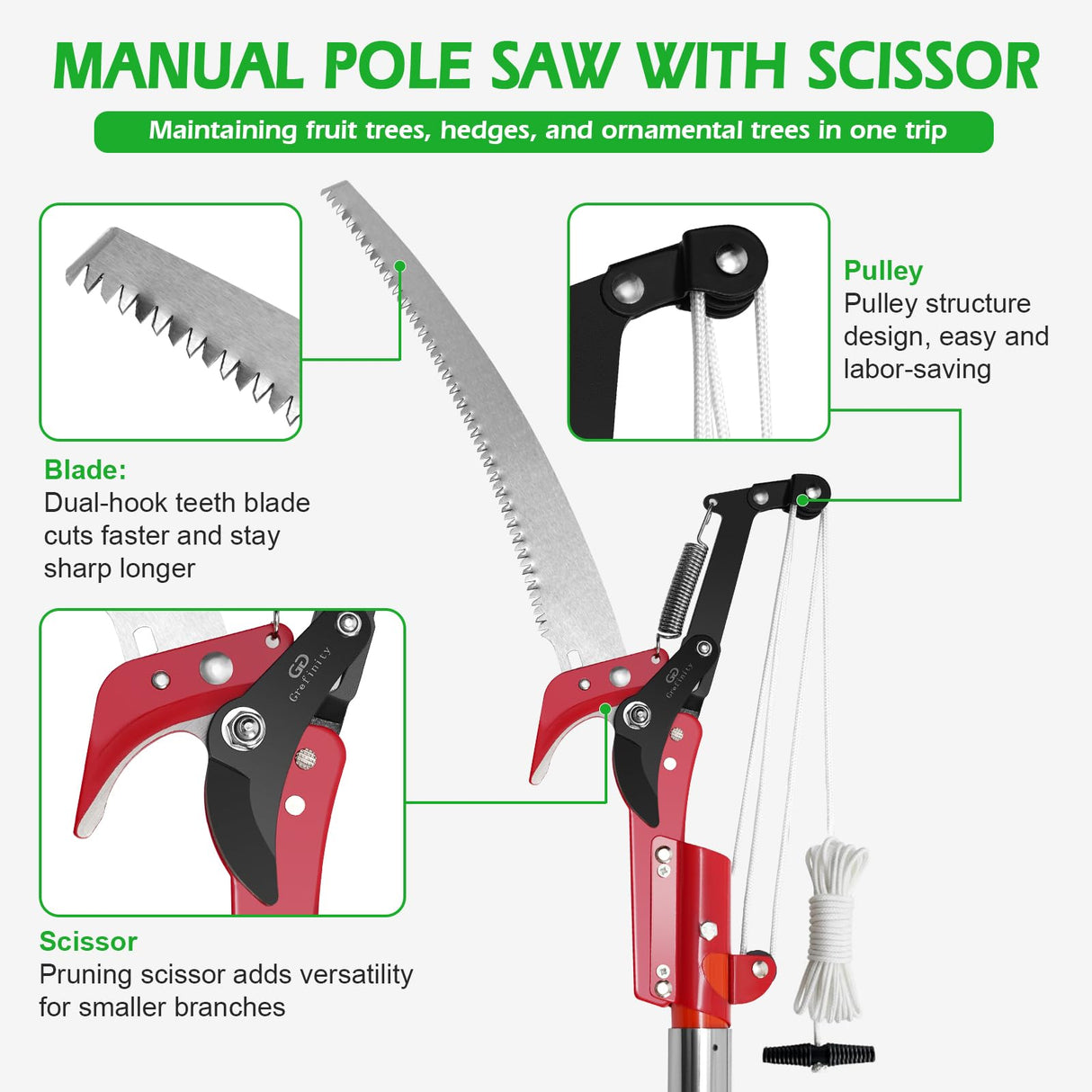 Manual Pole Saw, 27 Ft Pole Saws for Tree Trimming with Scissors