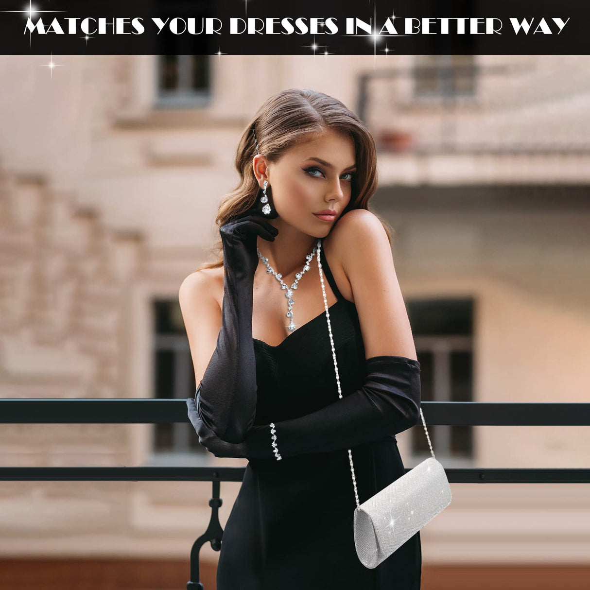 Meanplan 4 Pcs Silver Clutch Purse Jewelry Set for Women, Elegant Style