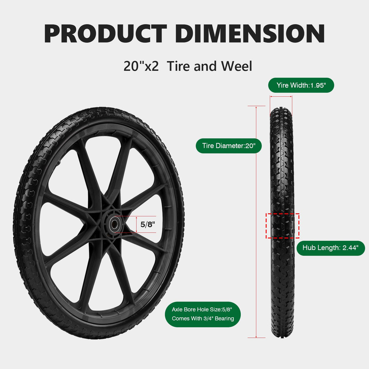 20" Flat Free Tire and Wheel with 3/4" & 5/8" Bearing, 2 Pack