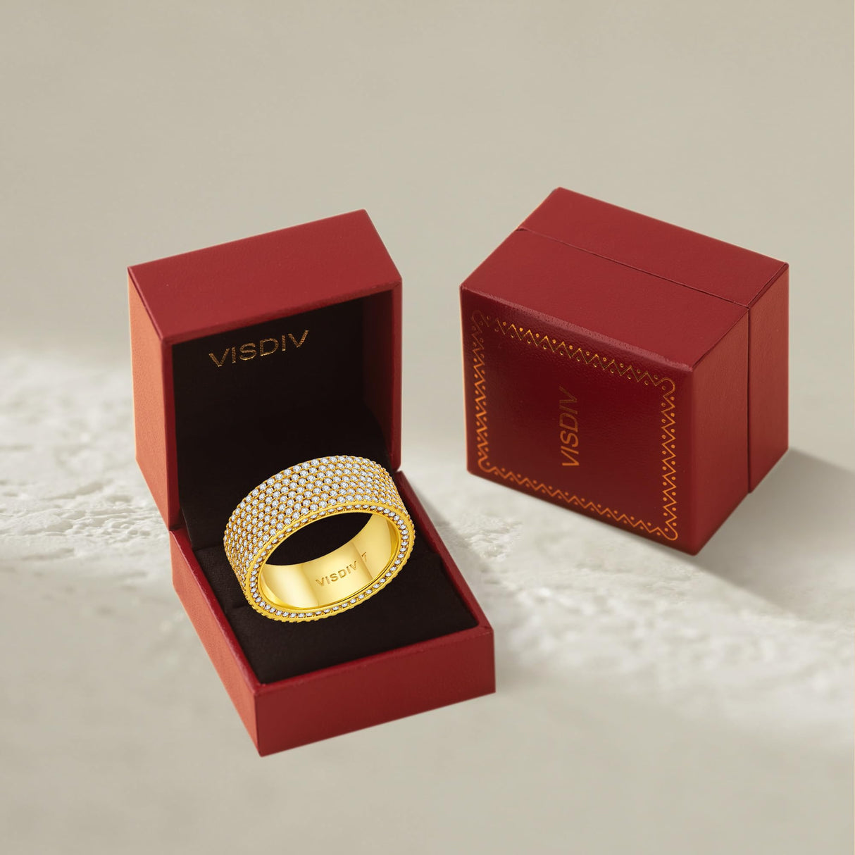 VISDIV Gold Wedding Rings for Women 925 Sterling Silver 14k Gold Plated Promise Engagement Non Tarnish Bands Rings CZ Simulated Diamond Chunky Eternity Statement Wide Rings for Her