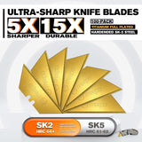 M MEEPO 100-Pack Utility Knife Blades, Titanium Fully Plated, Durable SK-2 Razor Blades for Utility Knife Box Cutter, Never Rust, Extra Durable, With 1-blade & 5-blade Dispenser