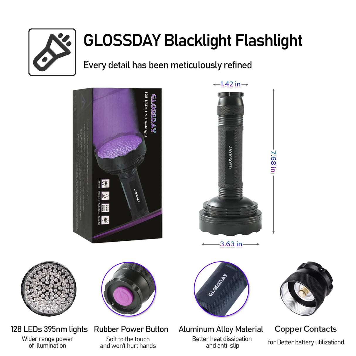 GLOSSDAY Blacklight Flashlight,128 LED UV Flashlights, Upgraded Bright Ultraviolet Flashlight Professional Black Light for Dog/Cat, Hunting Scorpions