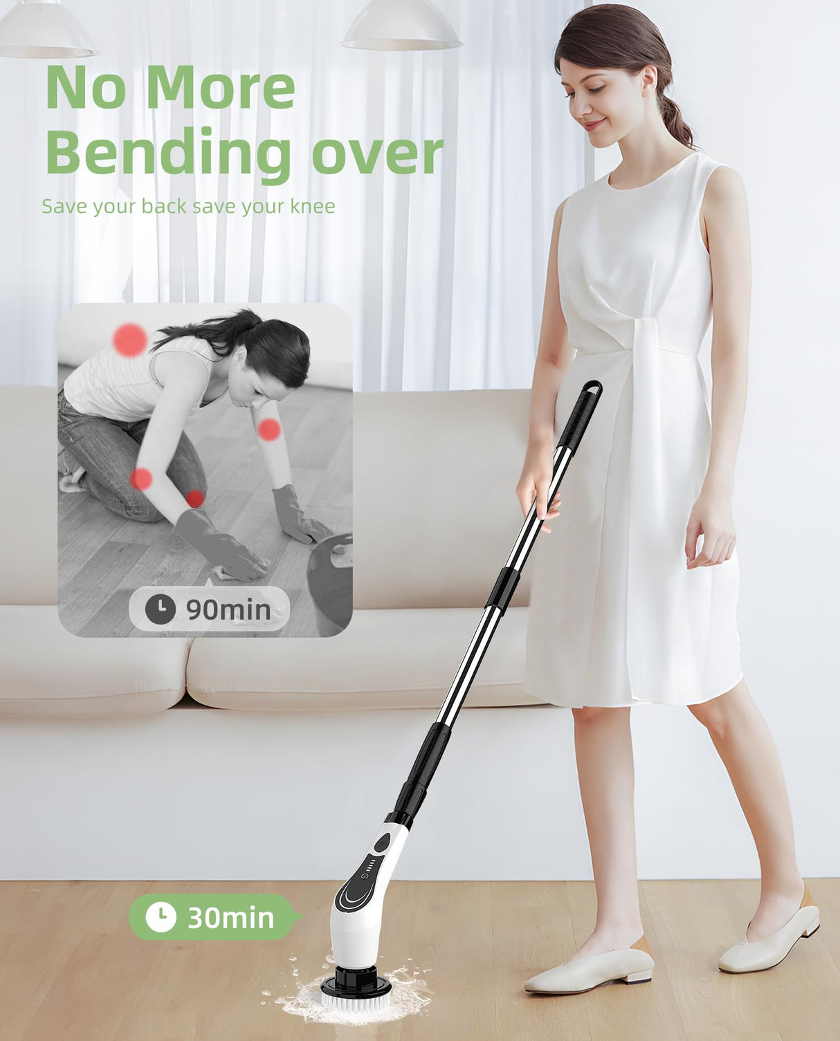 Lichffy Electric Spin Scrubber, Cordless Power Scrubber with 7 Replaceable Brush Heads, 2-Speed Adjustable Handle, IPX7 Waterproof Shower Scrubber for Bathroom, Tile, Tub, White-rx2