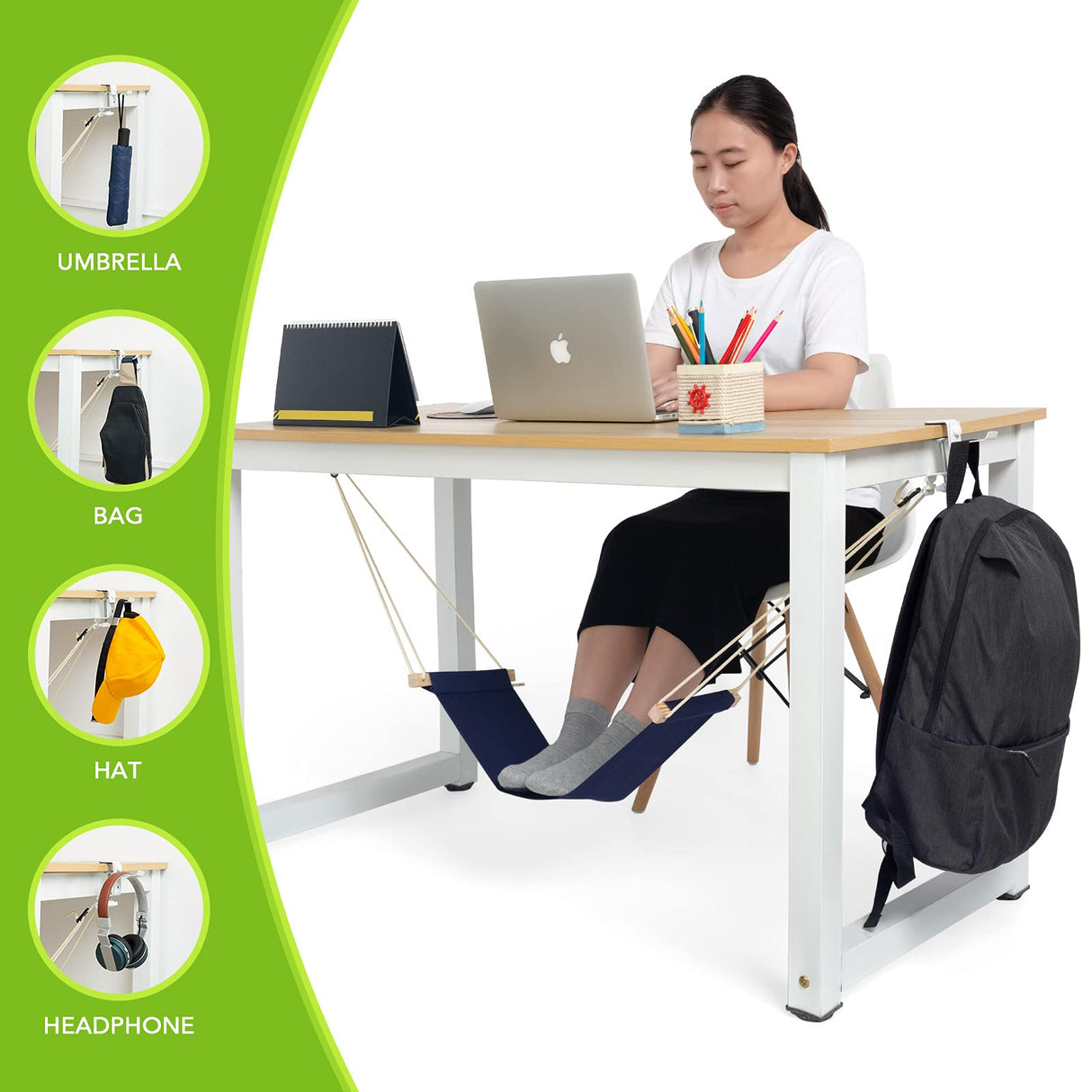 iMissiu Foot Hammock Under Desk Footrest | Adjustable Office Foot Rest Under Desk Hammock | Portable Desk Feet Hammock with Headphones Holder (Black)