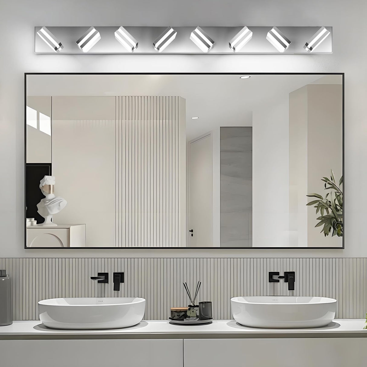 IZORRO LED Modern Bathroom Lights Fixtures(8-Light,Dimmable,360°Rotate),Chrome Acrylic Wall Lighting,Vanity Lights for Bathroom Over Mirror - 6000k 48In （No Assembly Required）
