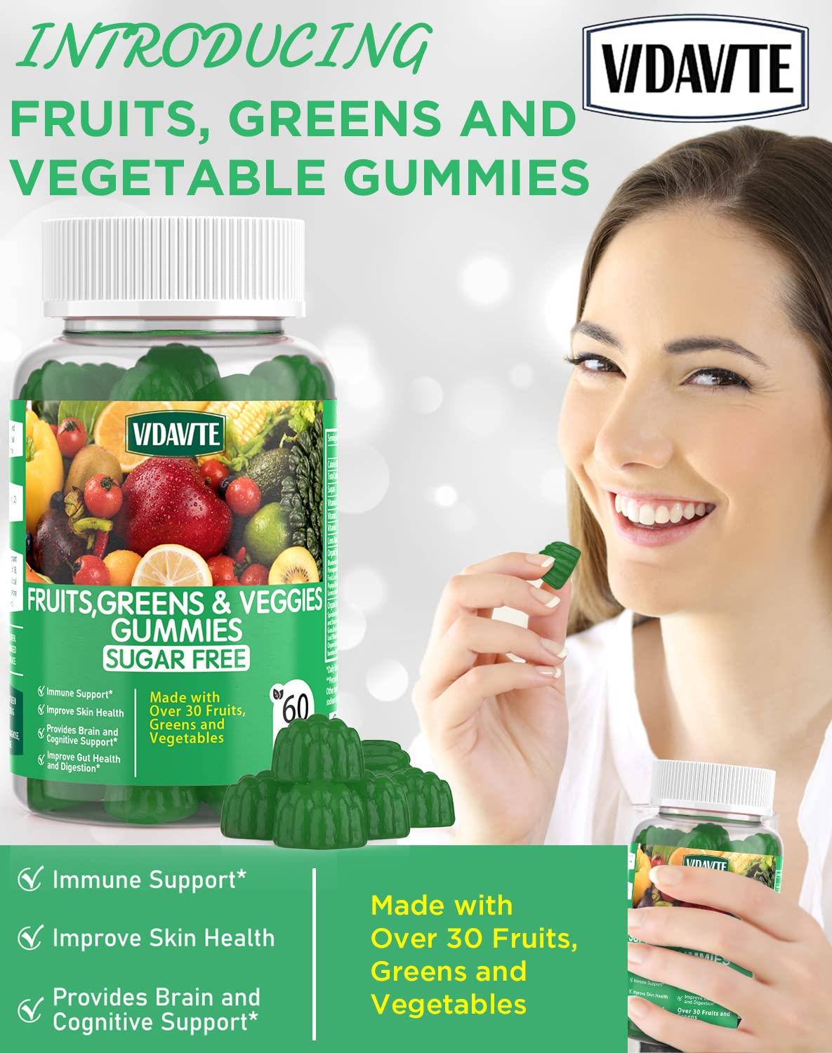 VIDAVITE Sugar-Free Fruit and Veggie Gummies — 35+ Greens, Fruit and Vegetable Vitamins to Boost Immunity, Skin & Gut Health — Ideal Fruity Vegetable Supplement for Adults & Kids (60 Gummies)