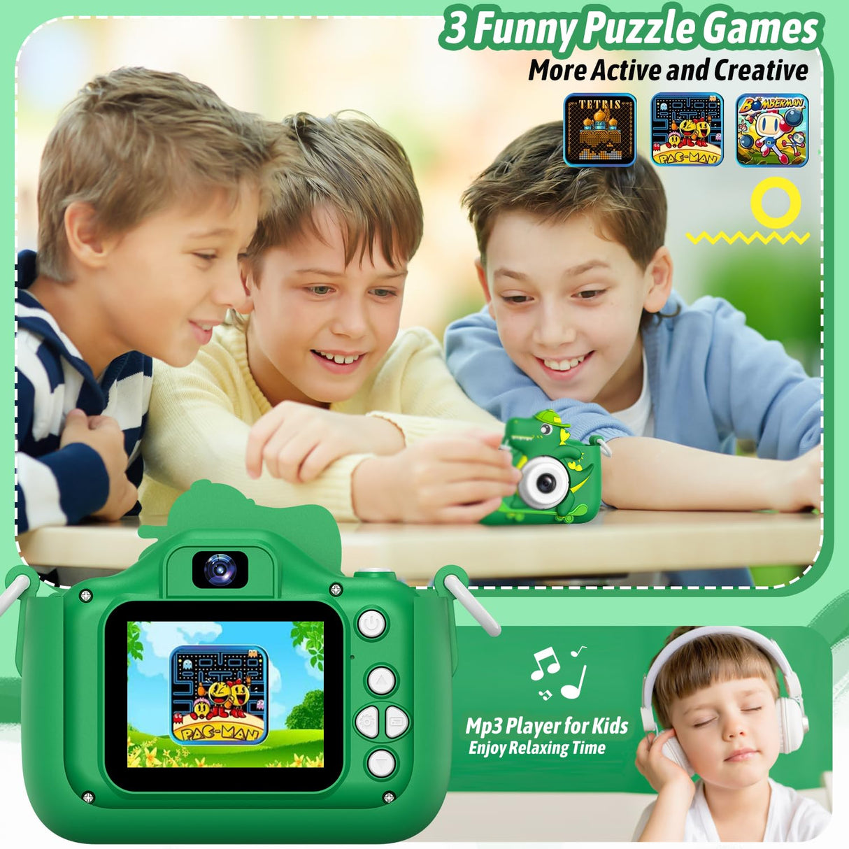 Dwfit Upgrade Selfie Kids Camera, Christmas Birthday Gifts for Boys Girls Age 3-12, HD Kids Digital Video Cameras for Toddler with Cartoon Soft Silicone Cover, Portable Toy for 3 4 5 6 7 8 Years Old