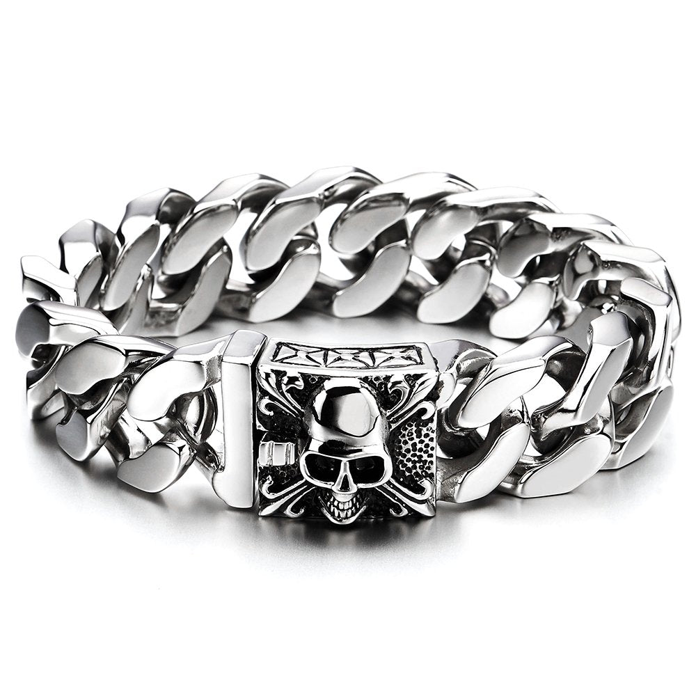 COOLSTEELANDBEYOND Men's Stainless Steel Cuban Link Curb Chain Bracelet With Skull Box Clasp, Heavy and Sturdy Biker Gothic Punk Jewelry Gift