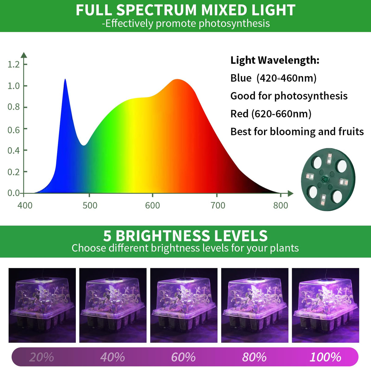 Qoolife Seed Starter Tray with Plant Light, 2 Pack Grow Lights for Seed Starting Kit with Humidity Domes, Timing Controller Adjustable Brightness for Greenhouse Propagator Station Growing Transparent