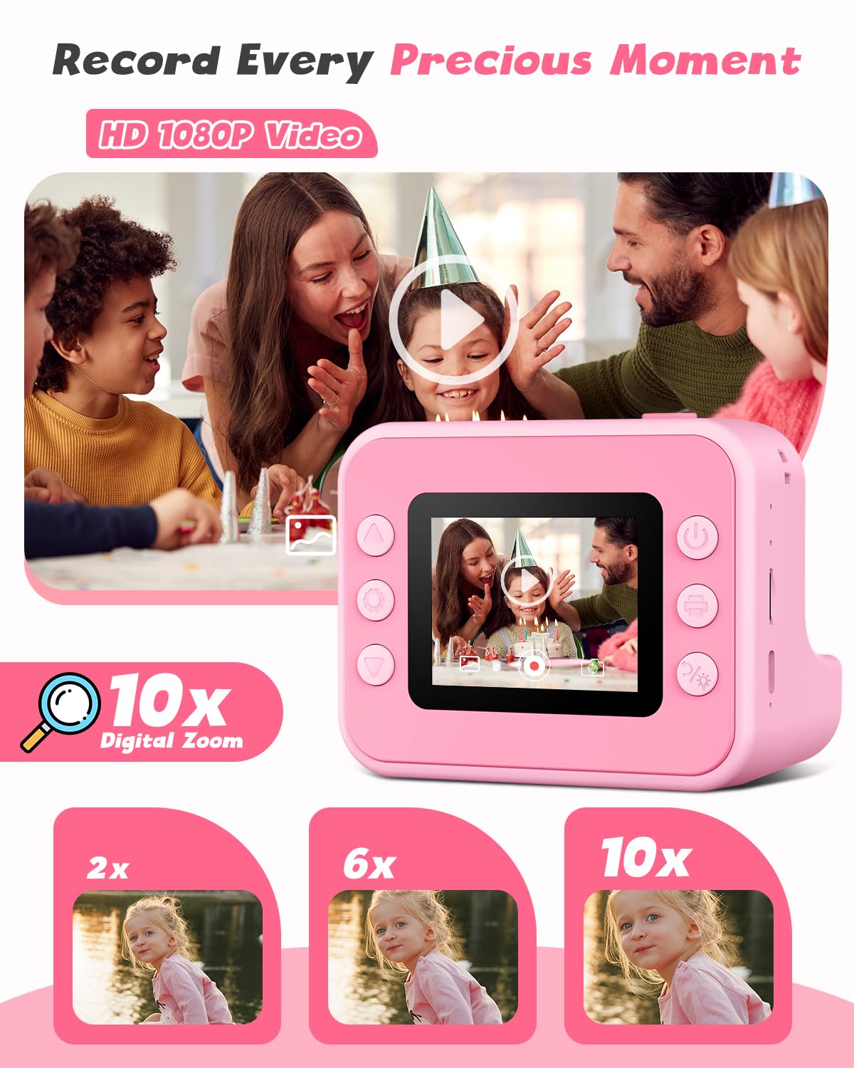 LETSHAHA Instant Print Camera for Kids, 1080P Digital Video Cameras, Christmas Birthday Gifts Toys for Age 3-12, Toddler Camera for 4 5 6 7 8 9 10 Year Old Girls - Pink