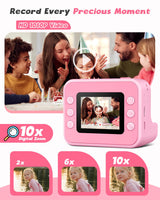 LETSHAHA Instant Print Camera for Kids, 1080P Digital Video Cameras, Christmas Birthday Gifts Toys for Age 3-12, Toddler Camera for 4 5 6 7 8 9 10 Year Old Girls - Pink