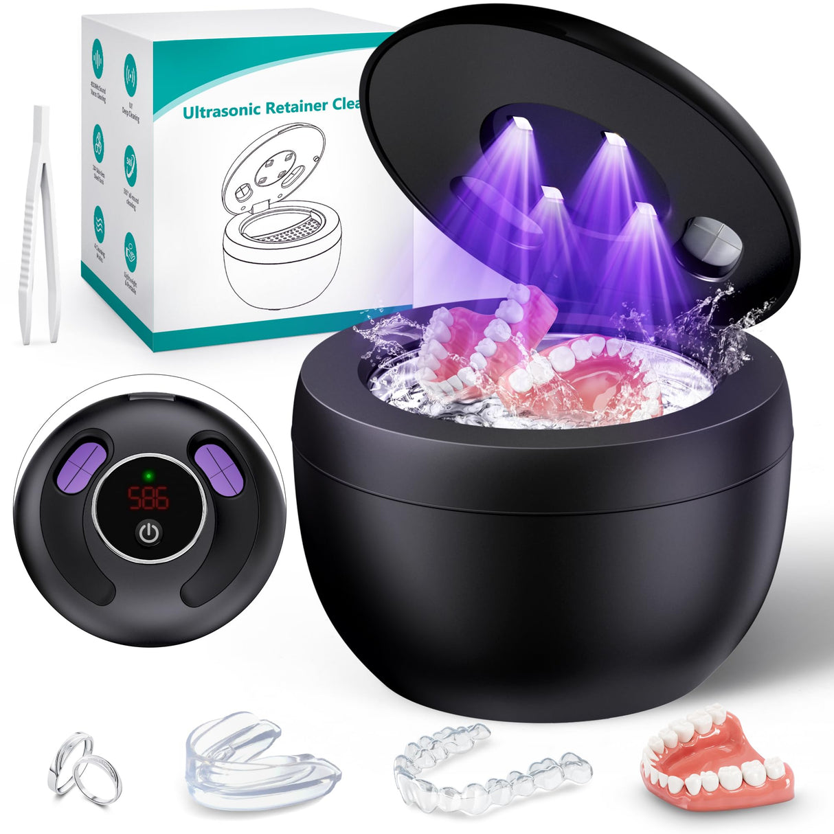 Upgraded Ultrasonic Retainer Cleaner Machine, 45kHz Ultrasonic Dentures Cleaner for Night Guards, Braces, Aligner, Toothbrush, Jewelry and More, 200ML Capacity, Black