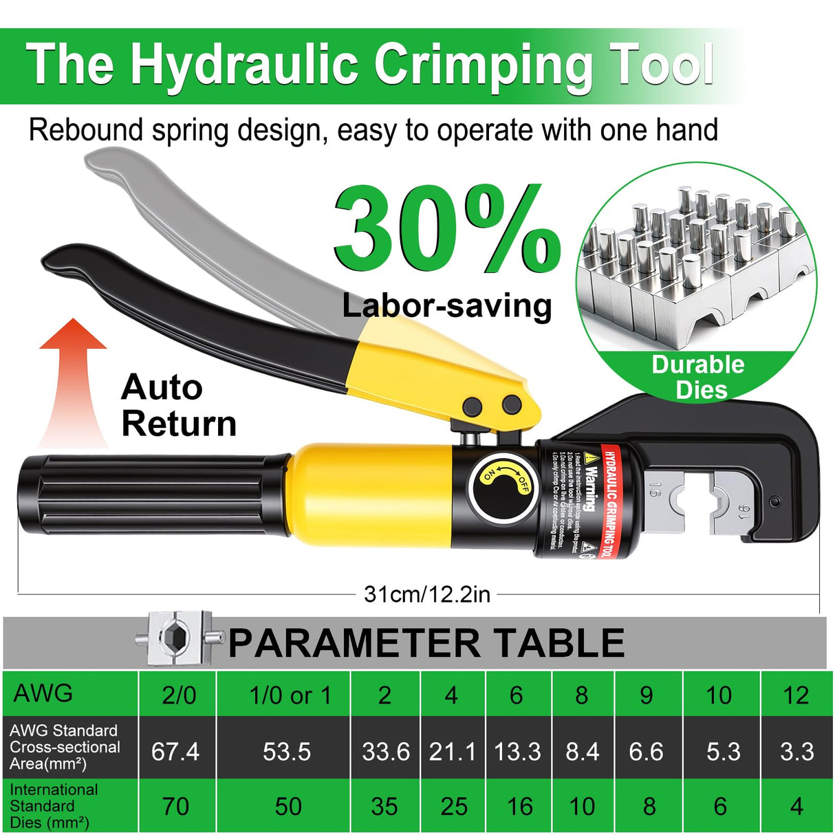 Twidec/230PCS Battery Cable Ends Kit AWG 8 6 4 2 1 1/0 2/0 Heavy Duty Copper Lugs Cable Wire Lugs,Copper Ring Terminals Connectors with Heat Shrink Tube and Hydraulic Crimping Tool With 9 Die