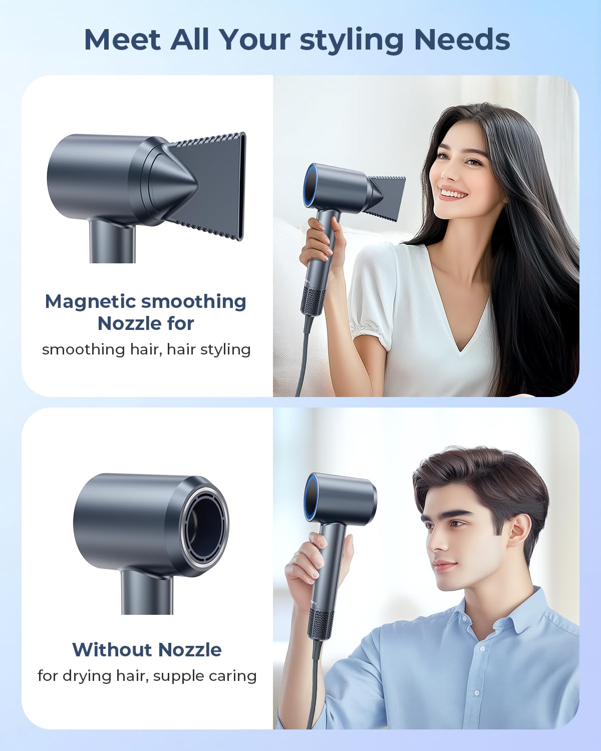 Hair Dryer, 150000 RPM Professional High-Speed Blow Dryer, Negative Ionic Hair Dryer for Fast Drying, Low Noise Thermo-Control HairDryer with Magnetic Nozzle for Home Travel Women Man