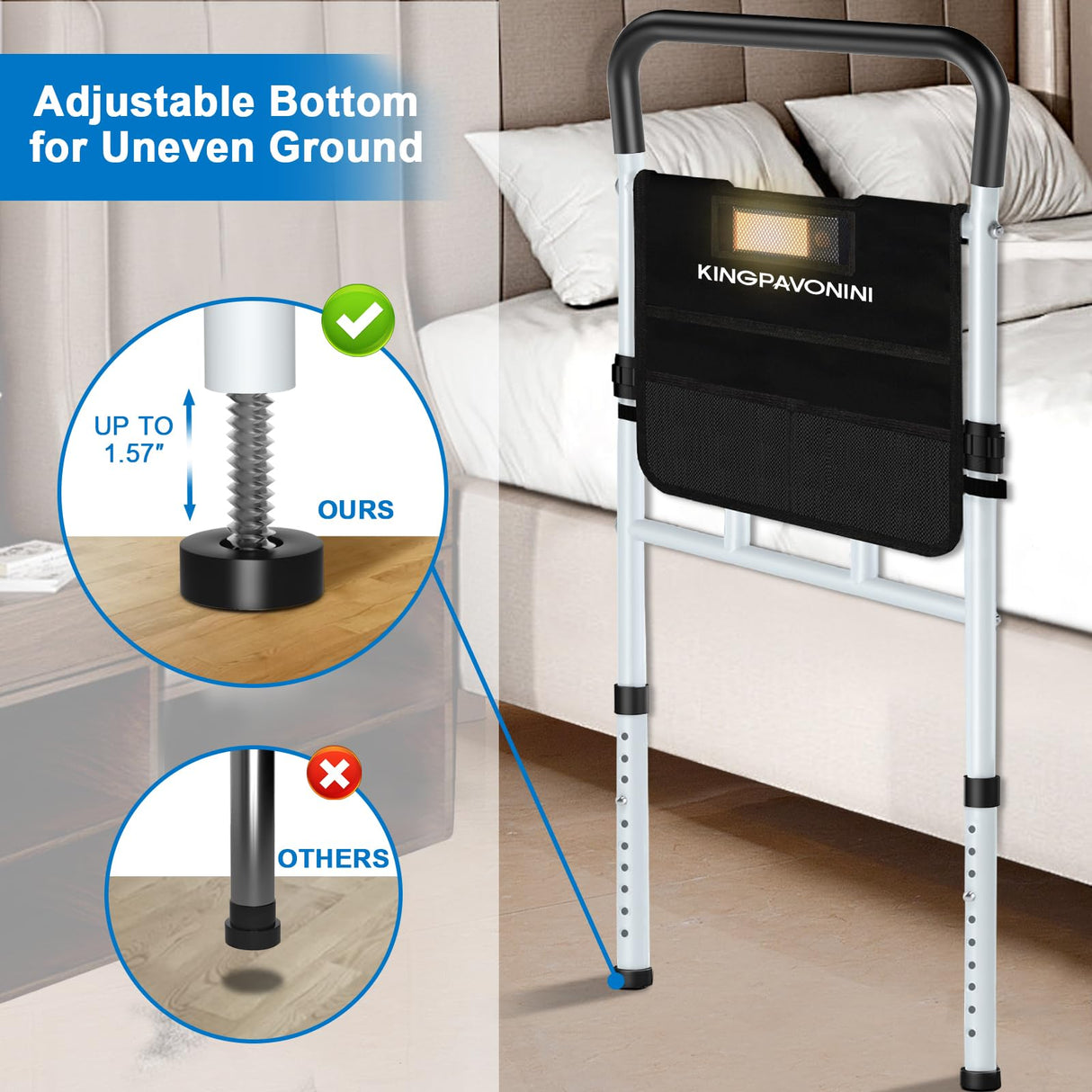 KingPavonini Bed Rails for Elderly Adults Safety, with Motion Light & Storage Pouch, FSA/HSA Eligible 400LBS Robust Bed Assist Rail with Support Legs for Seniors & Surgical Patients,Tool-Free Assembly