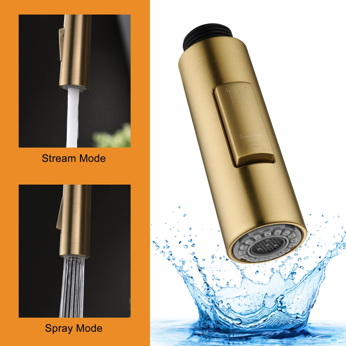 Tohlar Pull Down Kitchen Faucet Sprayer Head Replacement Part, 3 Function Pull Out Sink Sprayer Replacement Nozzle, Kitchen Faucet Head Hose Spray Tap Spout, Brushed Gold