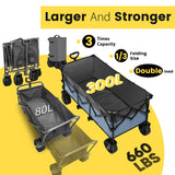 Sekey 48''L Collapsible Foldable Extended Wagon with 660lbs Weight Capacity, Heavy Duty 300L Folding Utility Garden Cart with Big All-Terrain Beach Wheels & Drink Holders. Blue&Grey