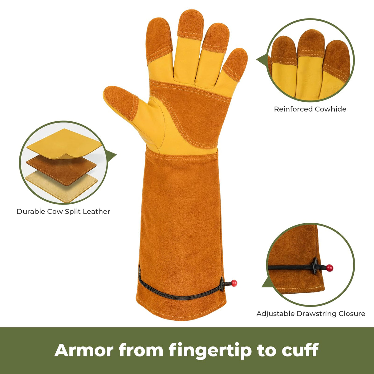 Aegend Long Gardening Gloves for Men, Reinforced Fingertips Cowhide Leather, Elbow-Length Gauntlet Cuff, Breathable & Durable for Yard Work Fit for Large Hands (Gold Yellow, XL)