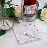 WDF Silver Plastic Dessert Plates with Plastic Forks - 6” 100 Square Disposable Appetizer Plates Small Plates Cake Plates with Silver Rim &100 Small Appetizer Forks for Christmas Party/Wedding