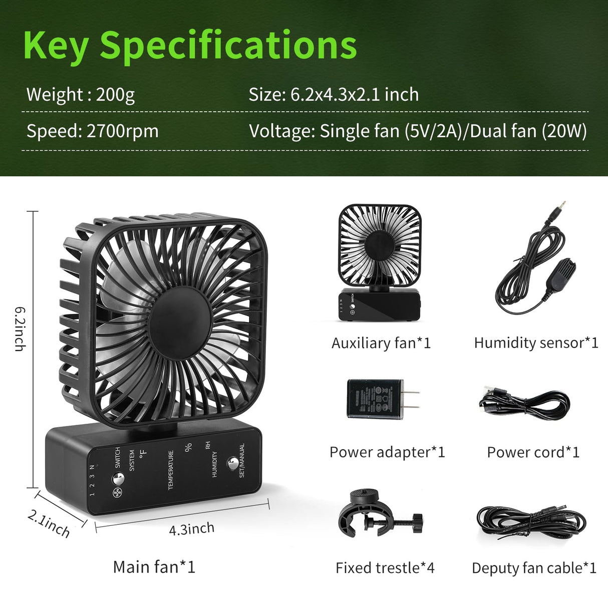 DAOTAILI 2-Pack 4” Grow Tent Fan With Temperature And Humidity Meter,Automatic Humidity Control,Oscillating Fan For Hydroponic Ventilation Circulation With Clips,Adjustable Speed Quiet Greenhouse