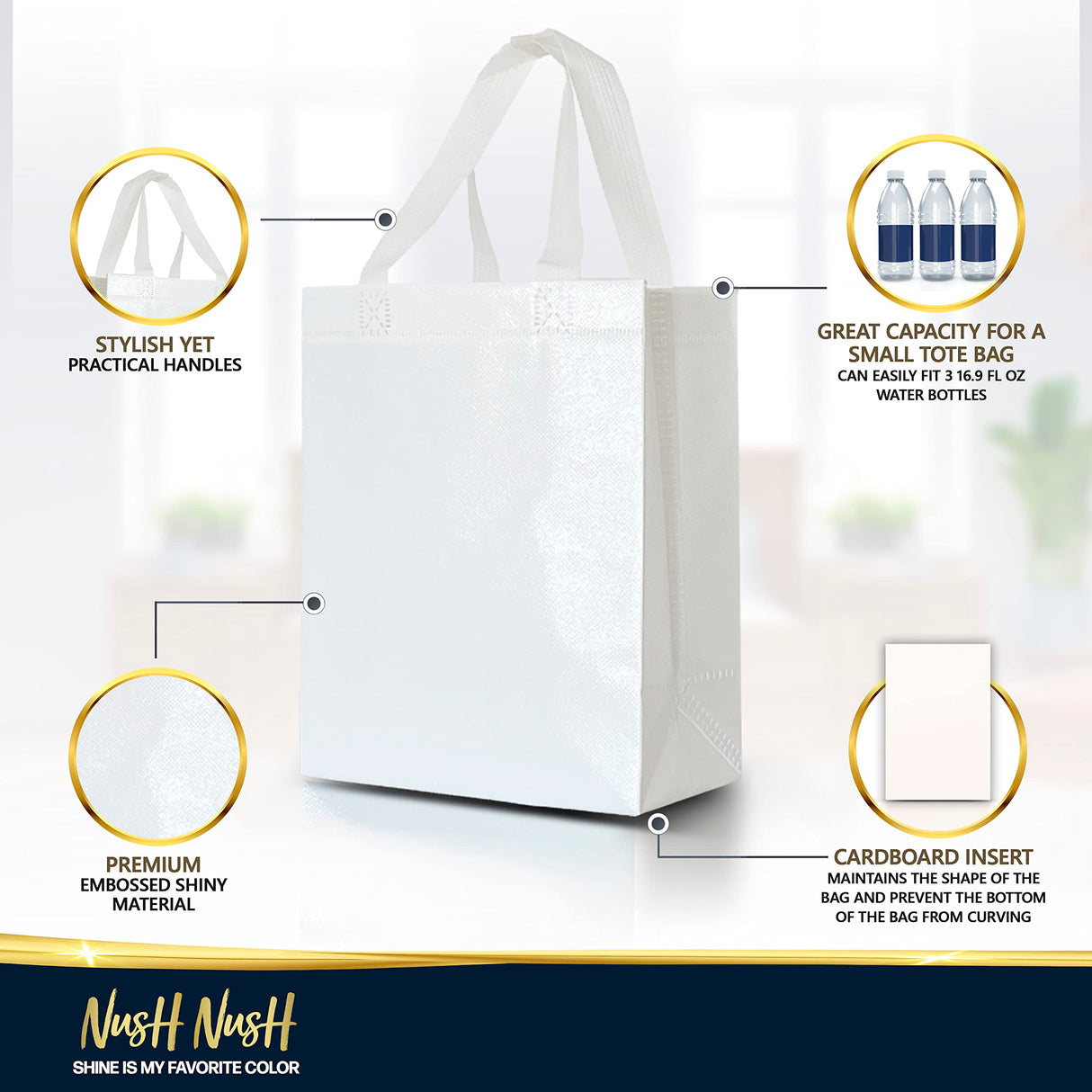 Nush Nush Set of 30 White Gift Bags Medium Size – Shiny Reusable White Gift Bags With Handles - Perfect Goody Bag for Wedding Favors, Holidays, Christmas, Birthday, Small Business, Events – 8Wx4Dx10H