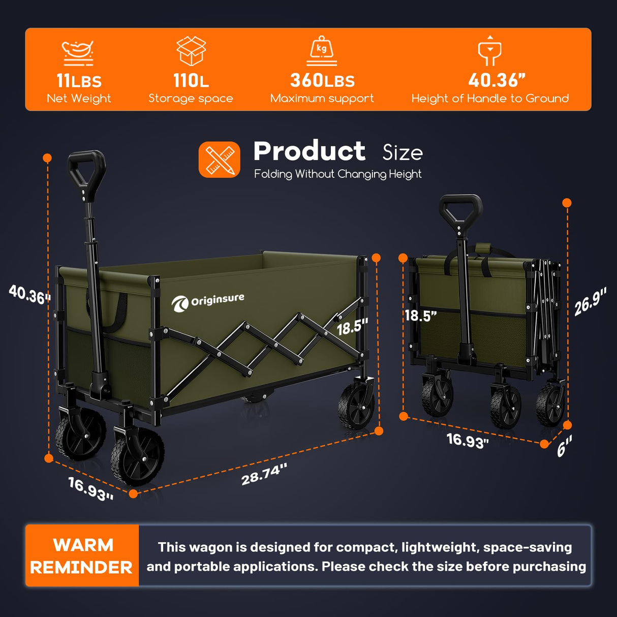Originsure 110L Portable Collapsible Wagon Cart, 360lbs Heavy Duty, Green