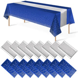 16Pack Disposable Plastic Tablecloths and Satin Table Runner Set Blue and Silver Dot Tablecloth Silver Satin Table Runner for Wedding Birthday Baby Shower Anniversary Christmas New Year Party Supplies