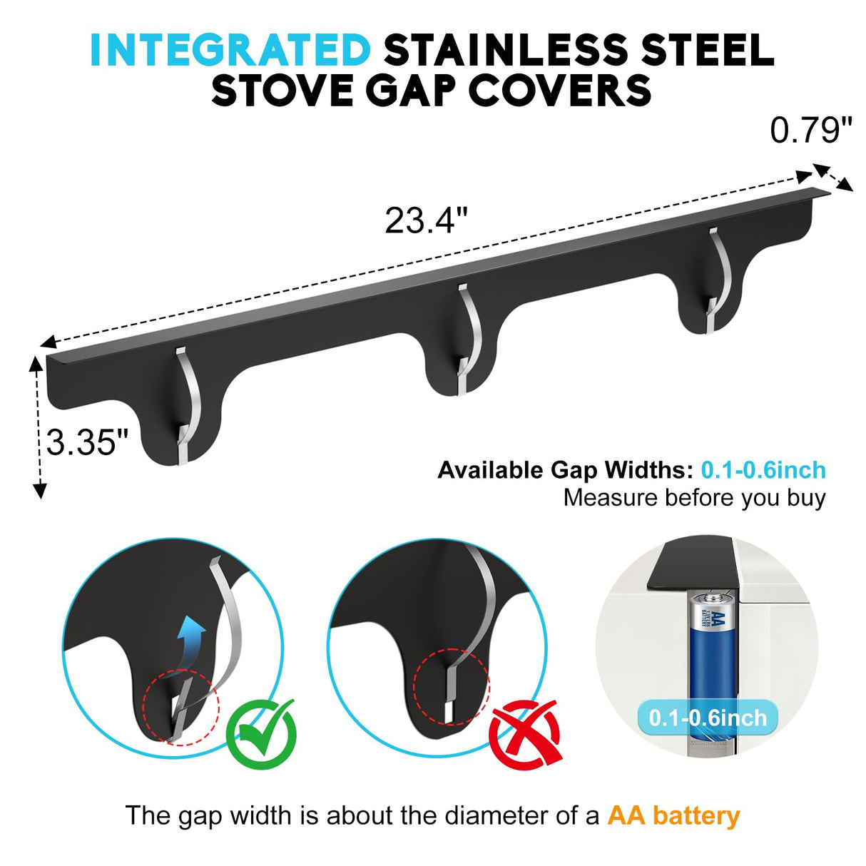 Stove Gap Covers - 2 Pack Stainless Steel Stove Gap Filler, Heat Resistant Oven Gap Filler - Length 23.4" Width 0.79", Spring Clip Design Non-Slip Stove Guard Between Stove Top & Counter - Black