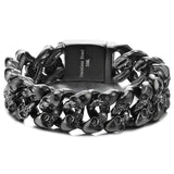 COOLSTEELANDBEYOND Men's Black Stainless Steel Skull Cuban Link Bracelet, Rugged Gothic Biker Chain, Heavy-Duty Jewelry, Secure Box Clasp