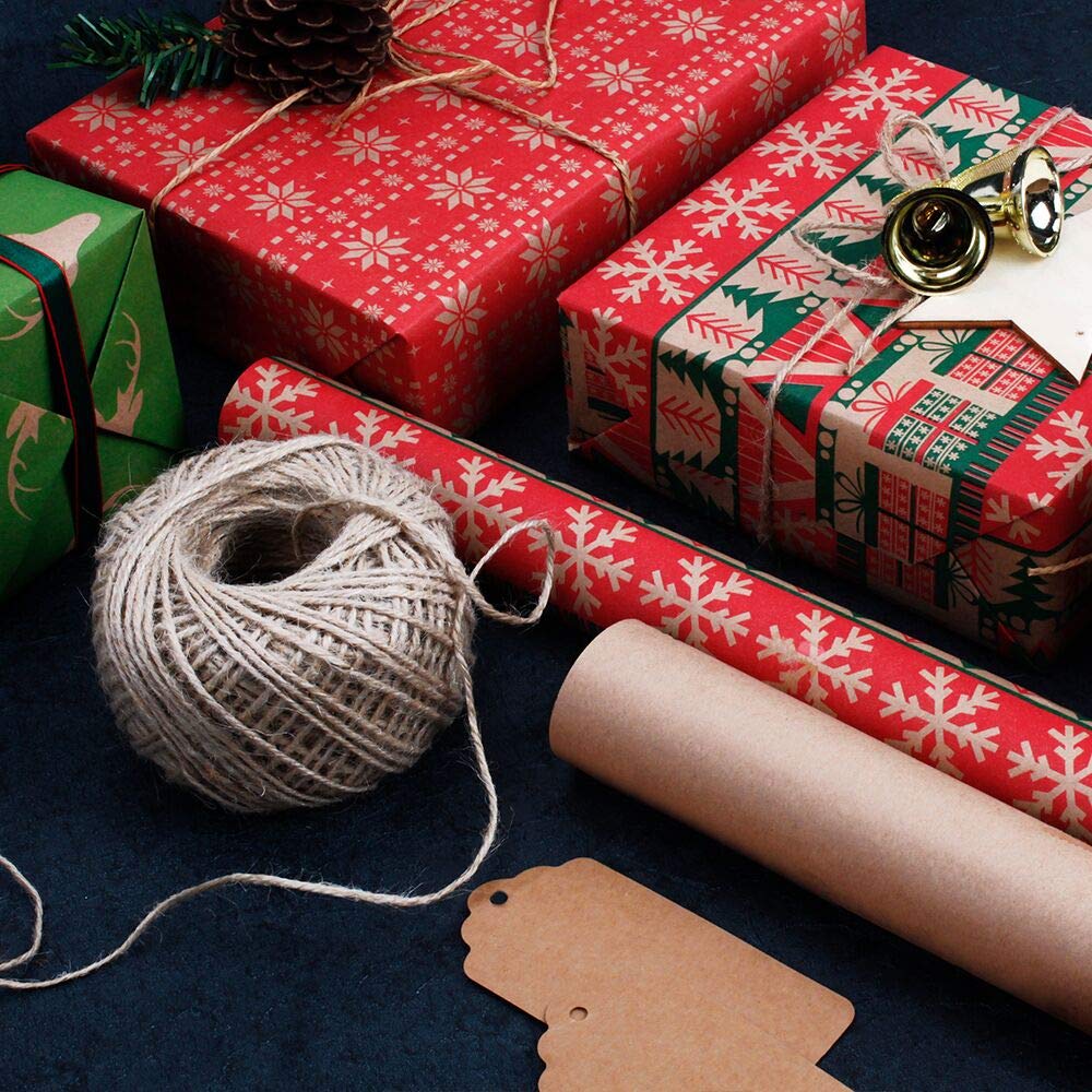 RUSPEPA Christmas Wrapping paper - Brown Kraft Paper with Red and Green Pattern For -Christmas Elements Collection-6 Roll-30Inch X 10Feet Per Roll