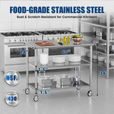 Chingoo Stainless Steel Work Table with Wheels, 24x60 Inch NSF Food Prep Table with Backsplash & 2 Adjustable Undershelves for Commercial Kitchen, Restaurant, Garage