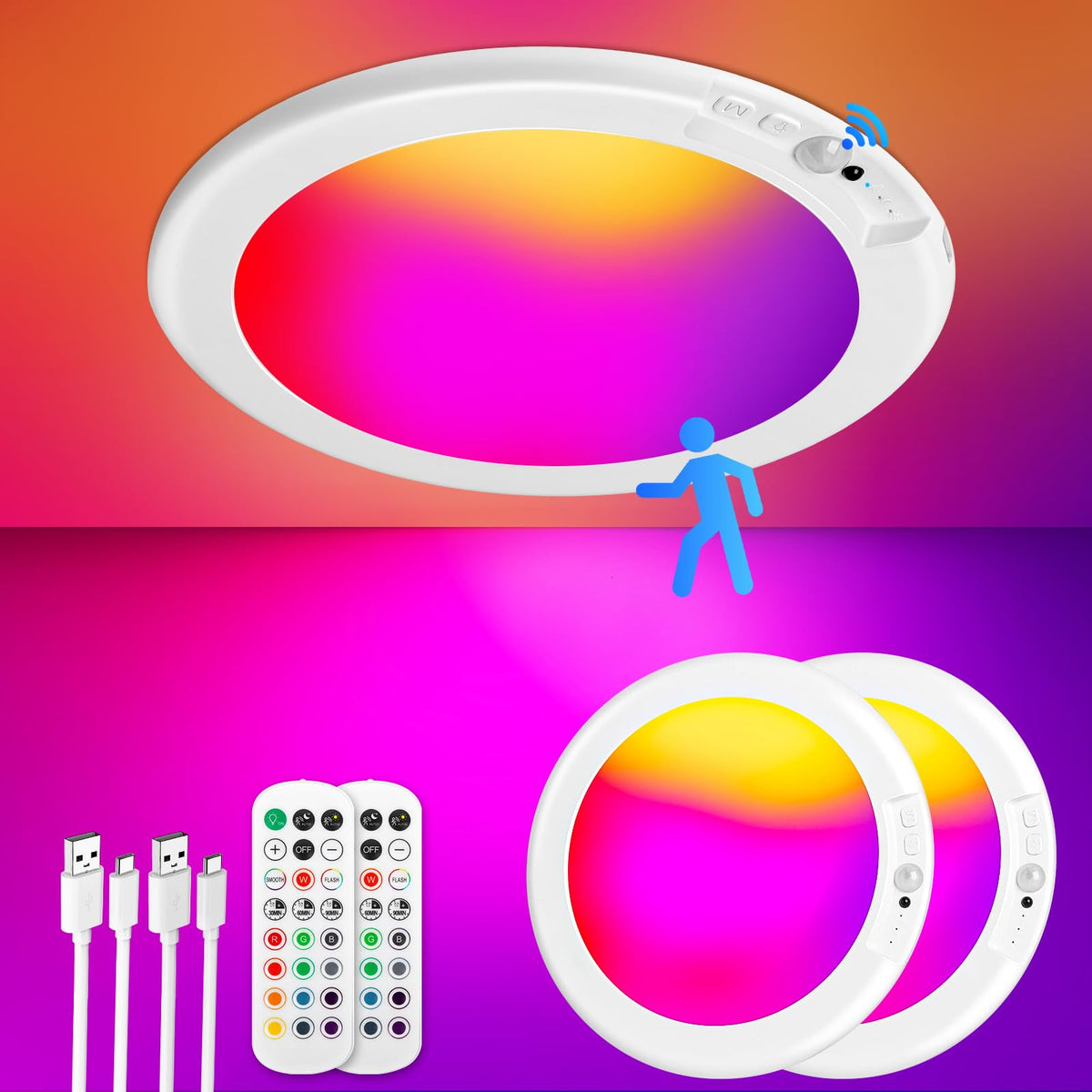 Motion Sensor Red Color 2 Pack Rechargeable Motion Sensor Ceiling Light with 12 RGB Colors and ...
