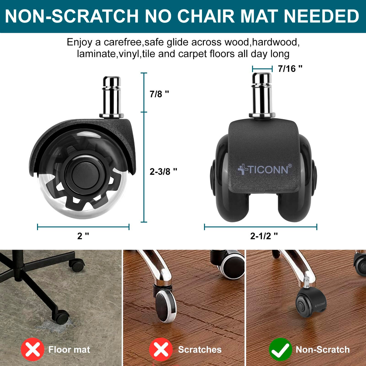 TICONN Office Chair Caster Wheels 2" Dual Wheels Set of 5 for Tile and Hardwood Floors, Universal Fit for Most Chairs (Transparent)