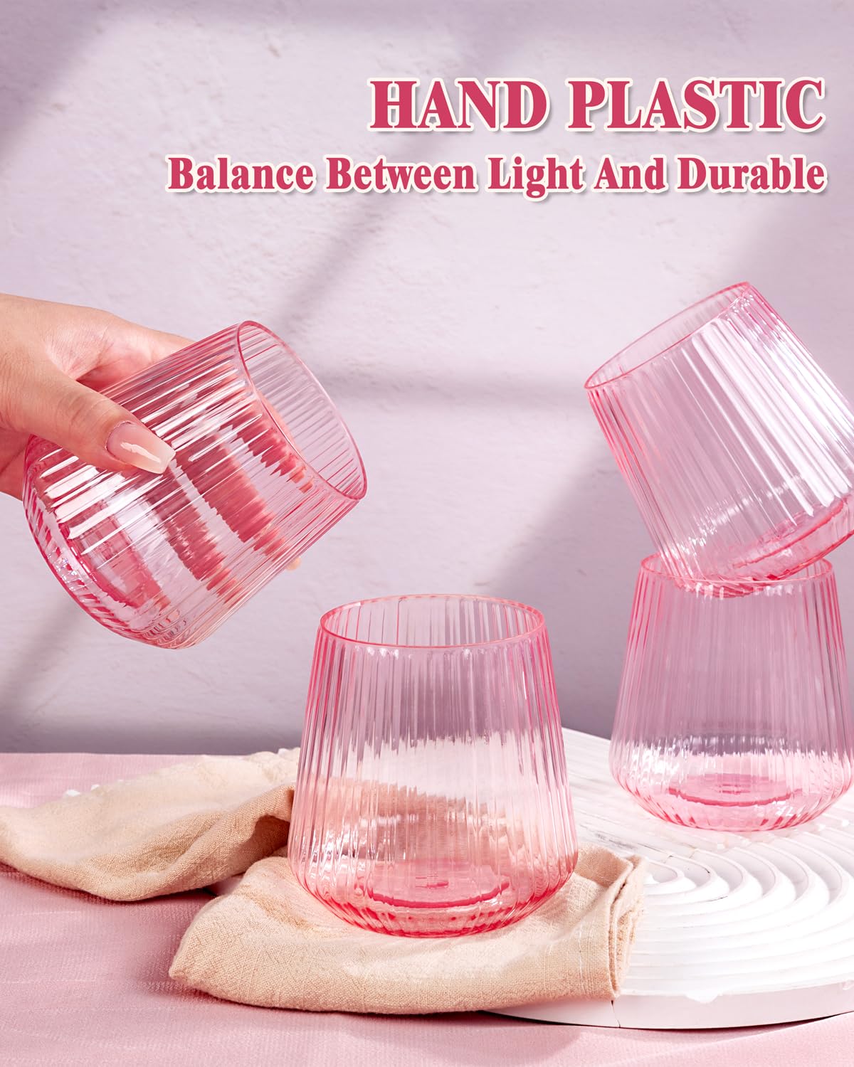 30 Pack Pink Plastic Ribbed Wine Glasses, 14 OZ Origami Stemless Disposable Wine Champagne Whiskey Glasses Unbreakable Clear Plastic Cocktail Glasses, Reusable Wine Cups for Party Wedding & Christmas