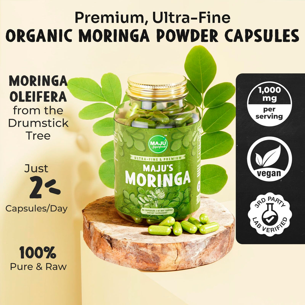 Maju Superfoods Organic Moringa Capsules, Oleifera Leaf, Extra-Fine Quality Moringa Leaves, Dried Drumstick Tree Leaves, Organic Moringa Powder Extract Supplement Capsules from Plant (90 ct)