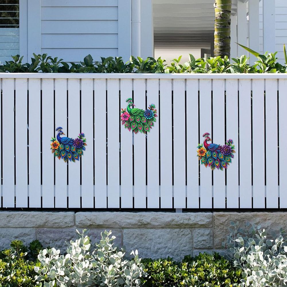 dreamskip 3 Piece Metal Peacock Wall Decor, Iron Tropical Peacocks Wall Art, Outdoor Metal Birds Garden Wall Decors Sculptures for Patio Fence Living Room Housewarming Gifts