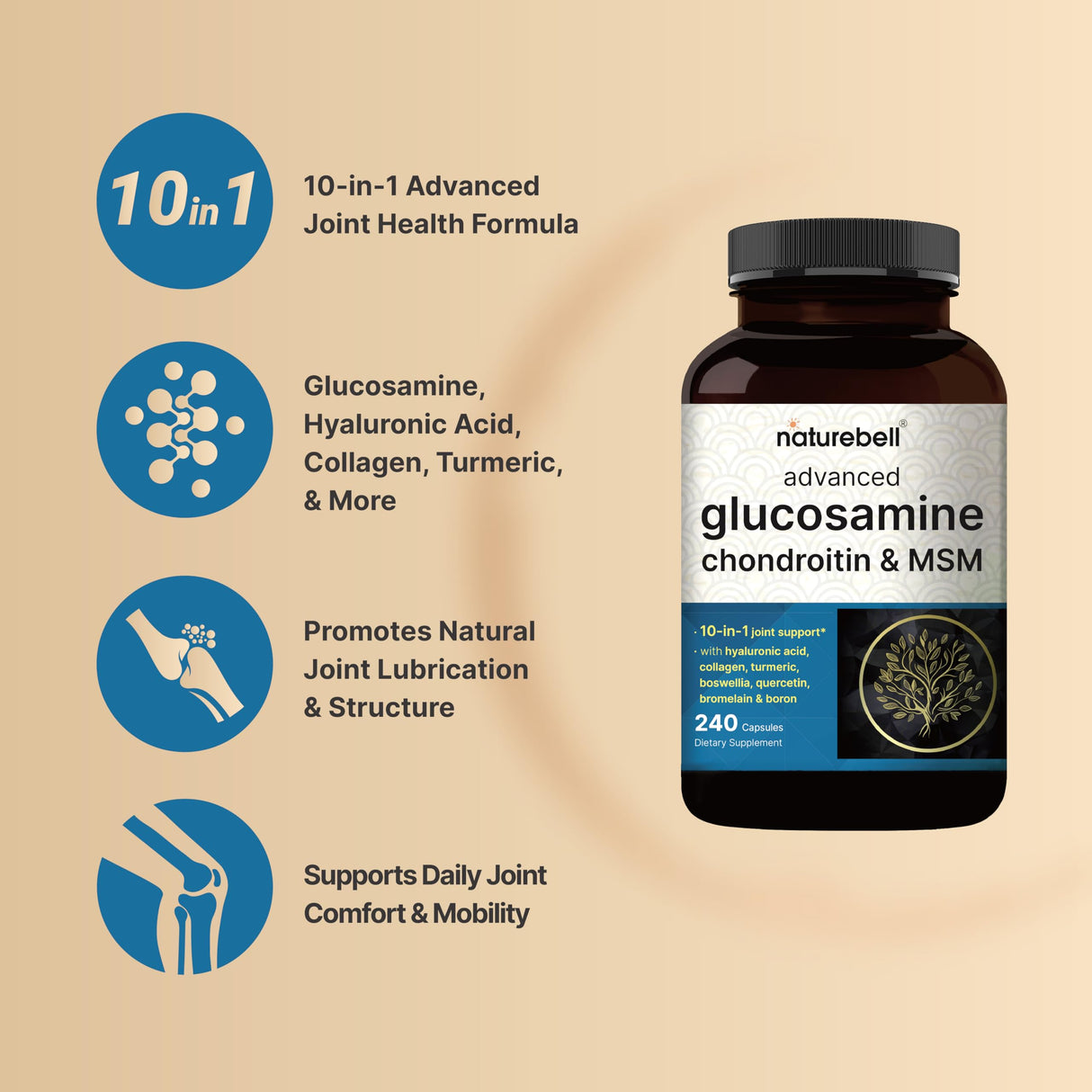 Glucosamine Chondroitin MSM Supplement, 240 Capsules | 10-in-1 Joint Supplements for Men & Women – with Hyaluronic Acid, Collagen, Glucosamine Sulfate, Turmeric, Boswellia, & More – Non-GMO