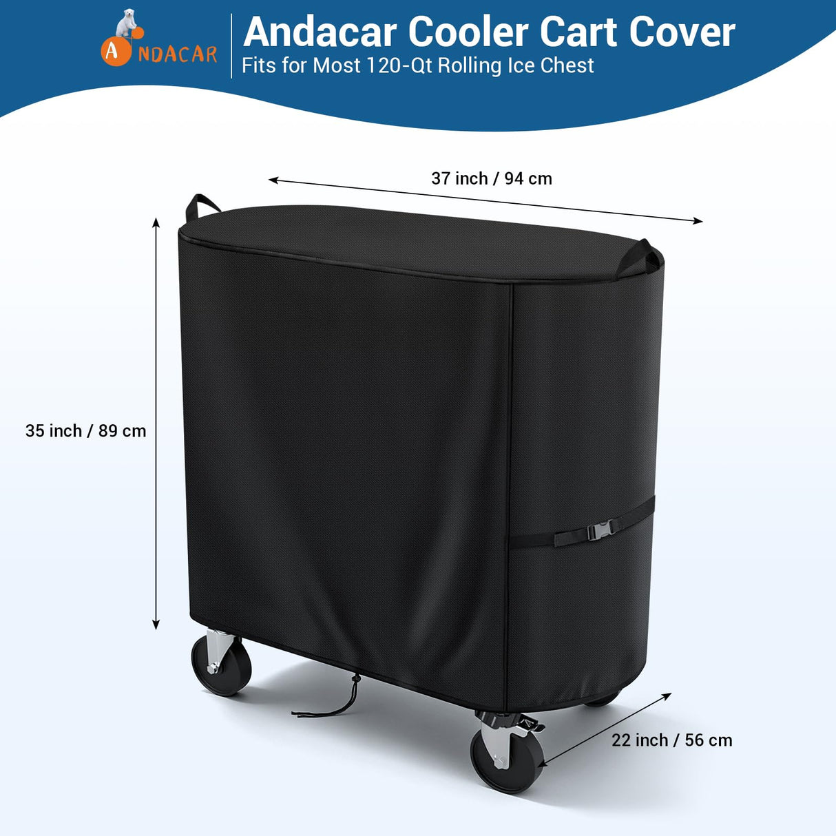 Andacar Cooler Cart Cover for Permasteel 120-Qt Rolling Ice Chest, Waterproof Ice Chest Cart Cover Patio Cooler Covers Outdoor - 37.4"L×21.7"W×35"H, Black
