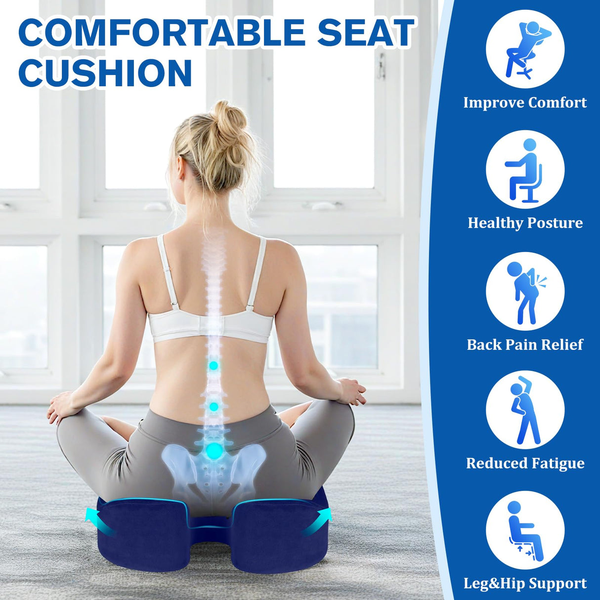 CushyOasis Seat Cushion, Chair Cushions, Office Chair Cushions, Anti-Slip Bottom & Removable Cover Tailbone Pain Relief Cushion, Memory Foam Seat Cushion for Office, Wheelchair, Car (Blue)