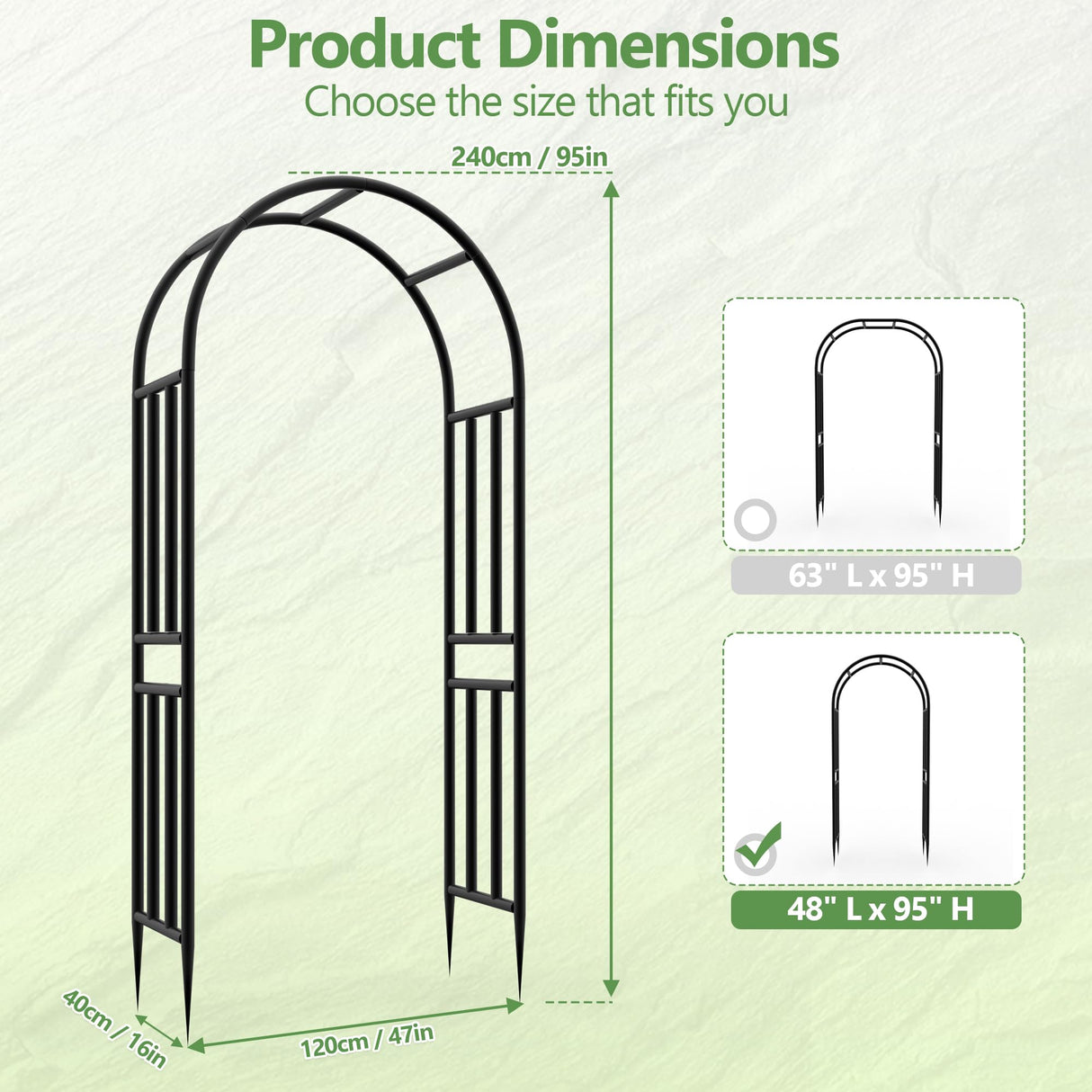 BUKLIYN Garden Arch - 47" L x 95" H Heavy Duty Metal Arbor, Powder Coated Rustproof Finish, Trellis for Climbing Roses Ivy Clematis