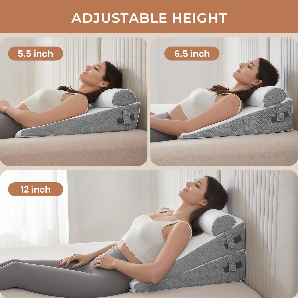 Sasttie Wedge Pillow, Bed Wedge Pillow Set for After Surgery, Acid Reflux and Sleeping, 3-Piece Detachable Design, Adjustable Height, White & Dark Grey