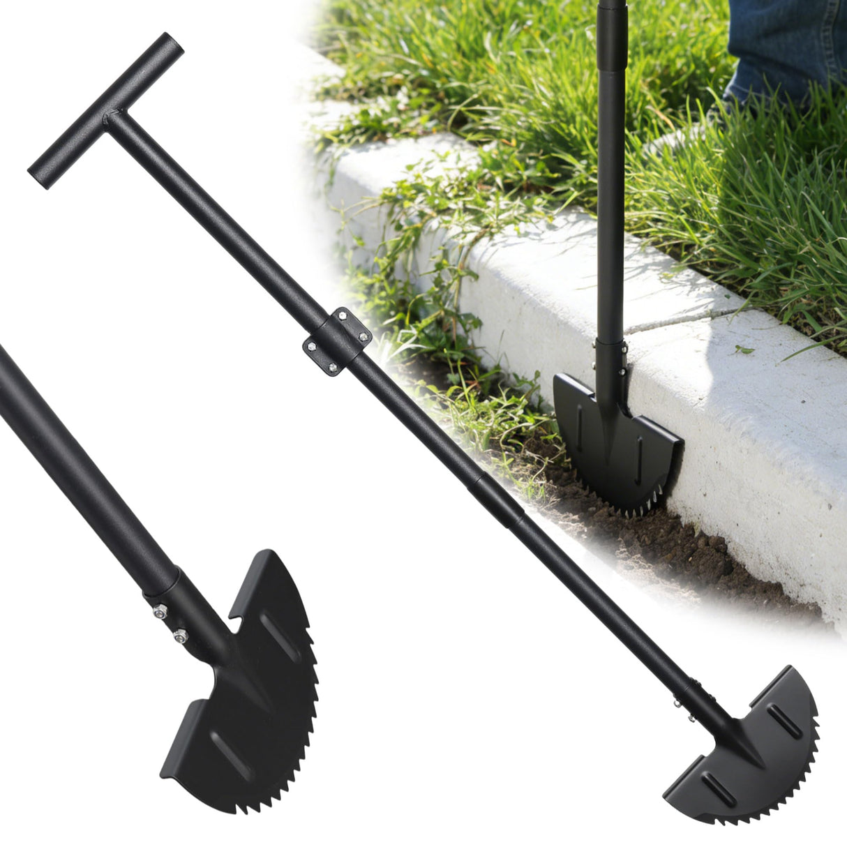 LLARGUEST Edger Lawn Tool, 49 Inch Long Handle Garden Edge with Saw Tooth Blade for Landscaping, Garden,Yard, Camping Heavy Duty Half Moon Edge with T-Grip,Garden Edging Tool