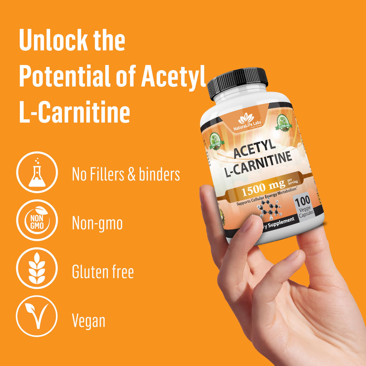 Acetyl L-Carnitine 1,500 mg High Potency Supports Energy Production, Sports Nutrition, Supports Memory/Focus - 100 Veggie Capsules