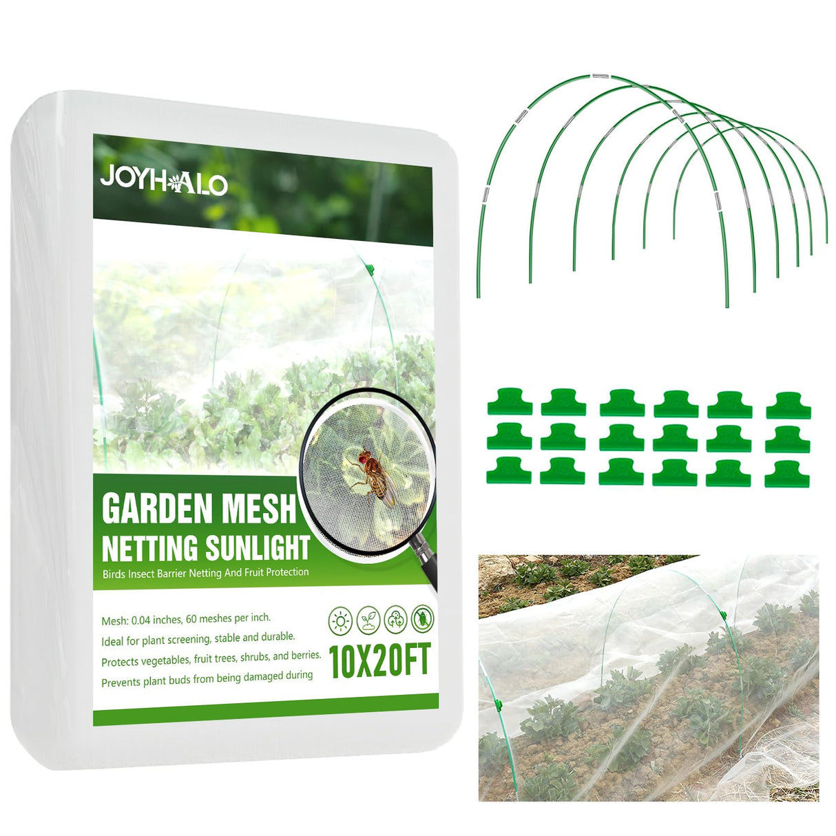 36 Pack Garden Hoops with 10x20 Ft Netting for Raised Beds, 18 Clips