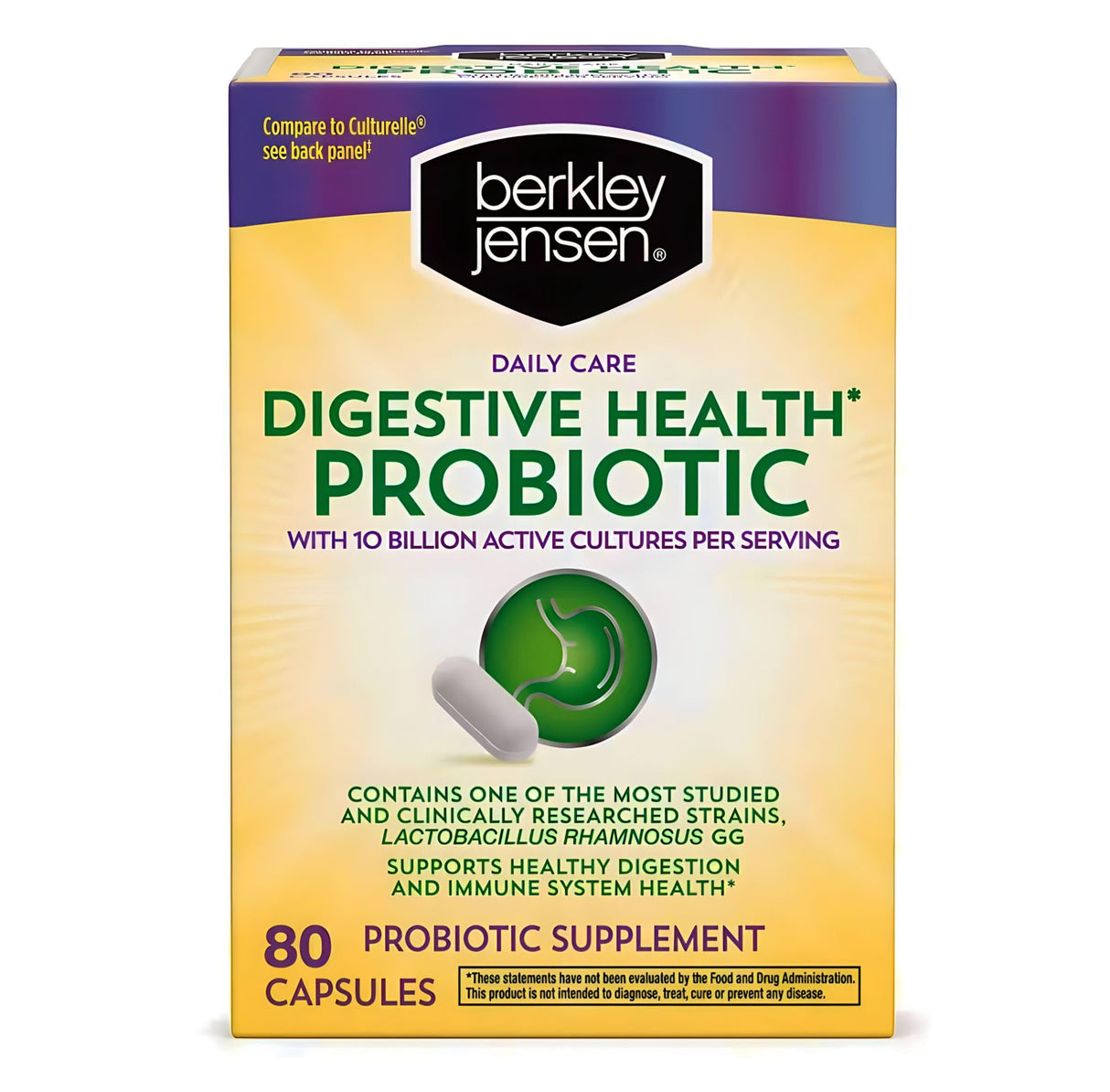 berkley jensen Daily Care Digestive Health Probiotics for Women & Men - Advanced Formula with Lactobacillus Rhamnosus GG & Lactobacillus Acidophilus - for Immune Support & Gut Health - 80 Capsules