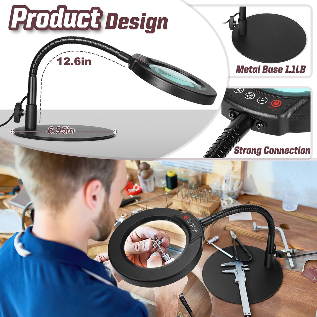 Krstlv 10X Magnifying Glass with Light and Stand, 5 Color Modes Stepless Dimmable LED Lighted Desk Lamp, Hands Free Magnifier with Flexible Goose-Neck for Craft Hobby Painting Sewing Close Work