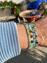 Tyebiva Tila Flat Beaded Bracelets Set for Women, 4Pcs Trendy Handmade Glass Turquoise Colorful Stack Beads Stretch Bracelet Festive Holiday Accessories Jewelry Gift.